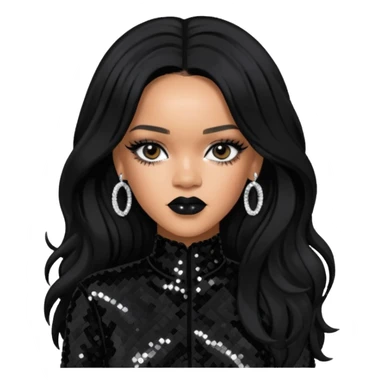 Rihanna with long jet black hair, black sequin outfit sticker