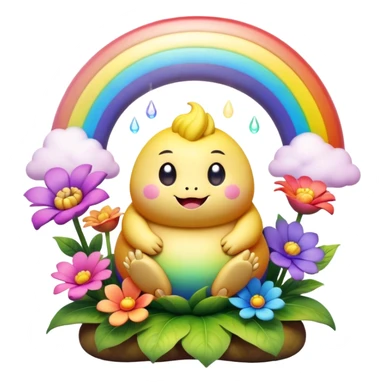 3D, Kawaii derpy fat rainbow monster sitting in a magical rainbow hued flower, rich textures, visually detailed, so lifelike that it feels like it could leap off the page at any moment sticker