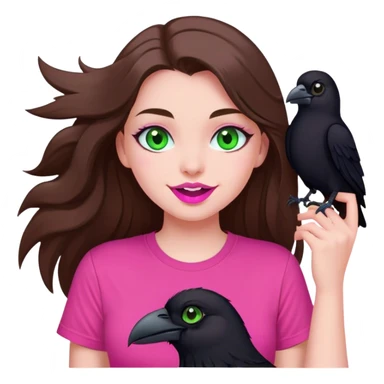 mid sized white skinned girl with green eyes and long brown hair holding a nice black raven smiling maniacally in a pink t-shirt with pink lips sticker