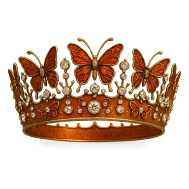 butterfly crown with a burnt orange base, butterflies in deep orange enamel, sparkling gems sticker