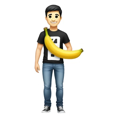 Handsome young man smiling emoji. Closed eyes, slightly blushing cheeks. Short black hair. Big smile. Wearing a smiling banana t-shirt. Playful expression with a slight touch of defiance sticker