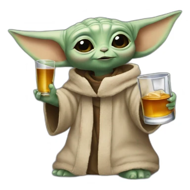 small baby Yoda holding up a big bottle of whiskey sticker