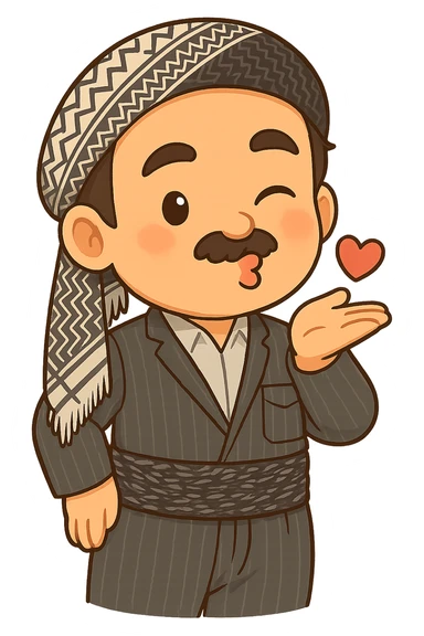 Cartoon sticker of a Kurdish man with the same clothes and scarf as the reference image, no changes to clothes or scarf, face with a kissing and winking expression similar to emoji 😘, colorful and cheerful, no shadows or color halos around the image, no text, suitable for WhatsApp and Instagram, fully transparent background. sticker