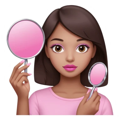 A dark brown hair beautiful eyes medium skin tone of girl carrying a pink mirror to her self and have lip stick on one of her hand look like pink pastel the packaging similar to Rhode lip  sticker