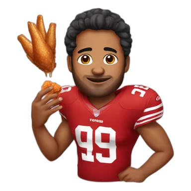 an indian male with a 49ers jersey and chicken wing dripping with sauce on his hand sticker
