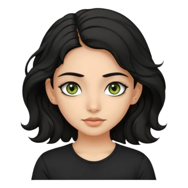 a pretty FAIR indian bratz girl with wavy black hair, wearing a black tshirt. eyeliner on, olive green eyes.  sticker