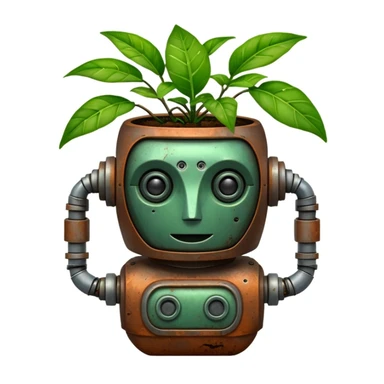 potted plant with a robotic face sticker