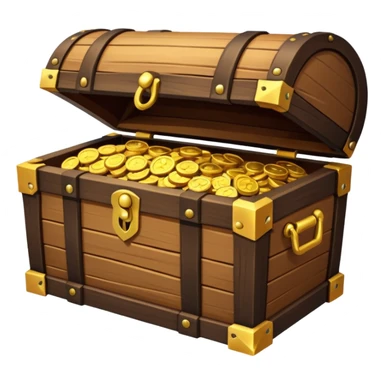 pirate treasure chest object icon, wooden chest with gold details, slightly open with coins, 3D cartoon, mobile game icon style, centered, clean background, no text, no watermark
 sticker