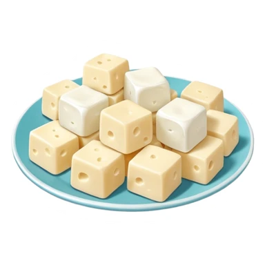 feta cheese cubes object icon, white cheese pieces on a small plate, 3D cartoon, mobile game icon style, clean background, no text, no watermark
 sticker