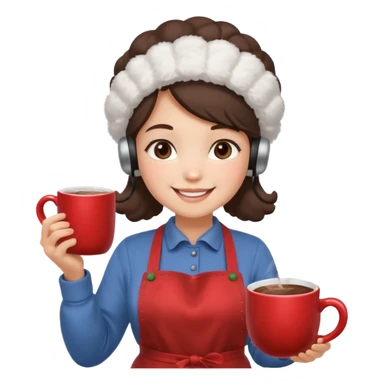 A cozy vendor with fluffy earmuffs, wearing apron handing out steaming cocoa with a warm smile. sticker