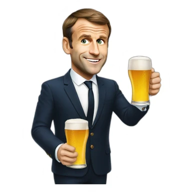 Emmanuel Macron holding a beer sticker