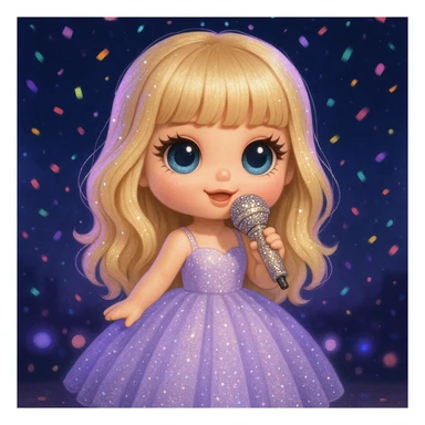 Pretty and girly Blonde pop star with bangs wearing a sparkly tulle light purple ballgown, holding a bedazzled microphone, reimagined as a cute doll, with a nighttime concert backdrop with colorful confetti sticker