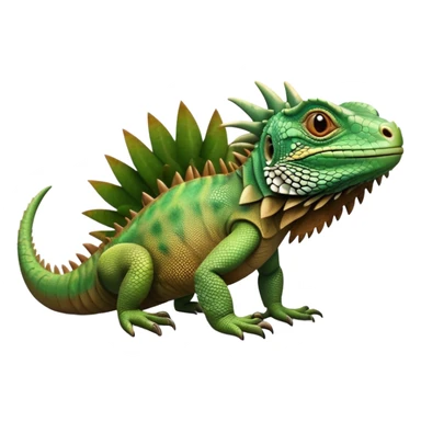 cinematic-iguana-realistic-full-body-basking-emoji,-long-scaly-body-stretched-out,-spiny-ridge-running-down-its-back,-textured-green-and-brown-skin-dappled-with-light,-sharp-intelligent-eyes-studying-the-surroundings sticker