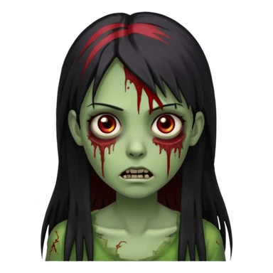 Garota zumbi com cabelo todo preto liso, longo e mechas vermelhas na lateral da cabeça dos dois lados. Olhos castanhos escuros, pele esverdeada como se estivesse podre e vários ferimentos  sticker