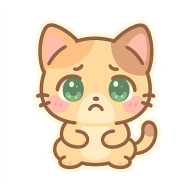 kawaii chibi-style cat emoji with pastel orange and brown cream fur, anime-style pouty expression, sparkly green eyes, blushing cheeks, pastel color palette, soft rounded design, vector art sticker