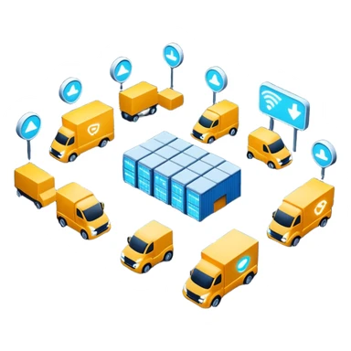 create a realistic emoji of a futuristic warehouse automation. A autonomous trucks, smart drones, and glowing data networks can be part of it as well — cinematic lighting, innovation atmosphere. sticker