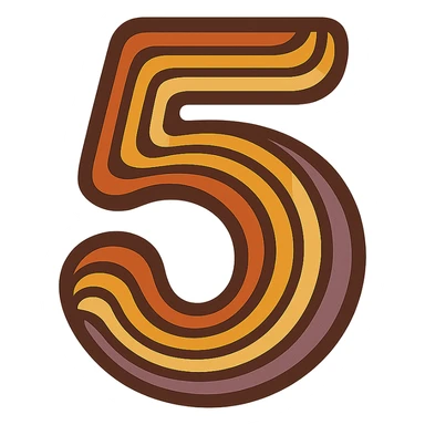 number 5 in retro 70s style, wavy lines, orange, yellow, brown, and purple color palette sticker