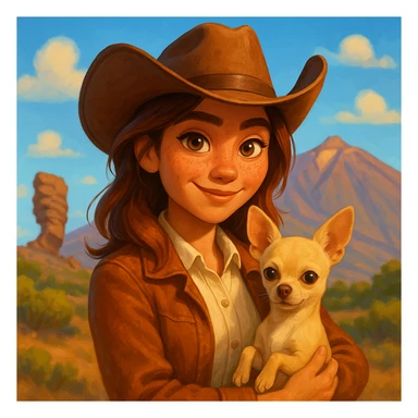 Portrait of a female cowboy with cream shirt and cognac-colored jacket, freckles, tanned skin, hazel eyes, auburn-highlighted hair, holding a beige chihuahua in her arms, with a blurred background of Tenerife, in a bright and expressive Pixar art style illustration sticker
