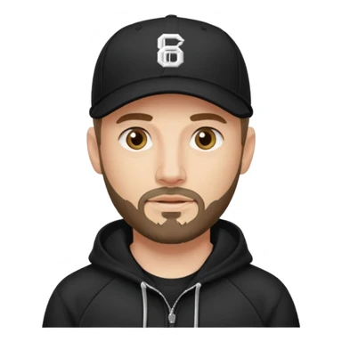 Hombre de ojos claros, con barba fina y perilla, gorra negra de baseball bordada con un 8, y sudadera negra sticker
