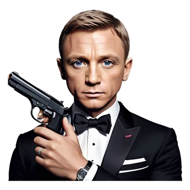 Cinematic Realistic James Bond Daniel Craig Portrait Emoji, depicted as the ultimate suave and enigmatic secret agent, donning a sharply tailored tuxedo, gripping a sleek handgun, with a piercing gaze that exudes confidence and danger. The scene is infused with moody, high-contrast cinematic lighting, evoking the thrilling world of espionage and intrigue. sticker