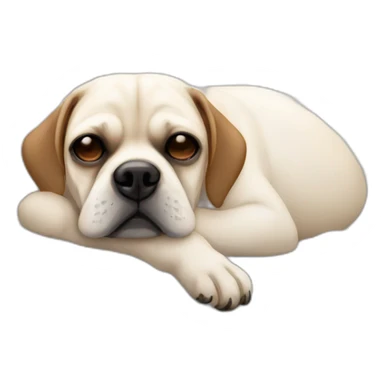 White Puggle with brown ears sleeping on bed sticker