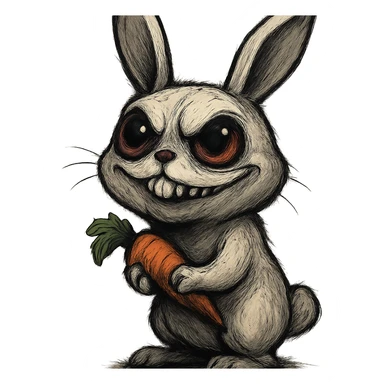 an evil white rabbit holding a carrot, looking upwards with cute big eyes, unique style sticker