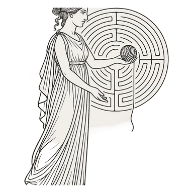Ariadne from Greek mythology, offering a ball of thread, wearing a flowing dress, with a labyrinth in the background sticker
