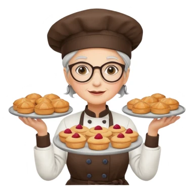 Older female pastry chef – round glasses, oven mitts on, holding a tray of pastries.

 sticker