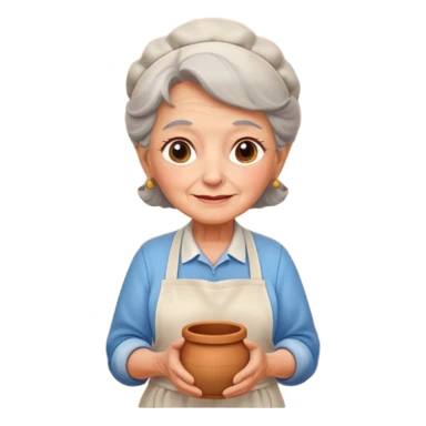 cartoon Apple iOS emoji style rural elderly woman, pastel colors, Chilean wooden kitchen background, clay pots, warm light, detailed and clean vector art sticker