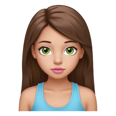 Create a teen girl wearing a light blue tank top. She will have long brunette hair, tan skin, pink lips, and grey-green eyes. She has long eyelashes. She also has light freckles  sticker