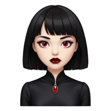 “Emoji girl, porcelain skin, sharp eyeliner, vampy deep red lips, straight jet-black hair with bangs, intense eyes, wearing black silk dress.” sticker