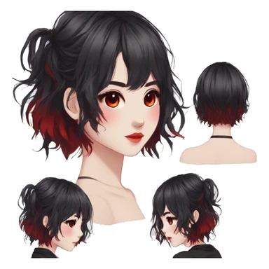 Gorgeous anime style lady with blushing face aesthetic and pretty edgy black red punk hair with hair garment trending style sticker