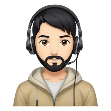 Anime-style man with black hair, brown eyes, black beard wearing gaming headphones, anime character design sticker