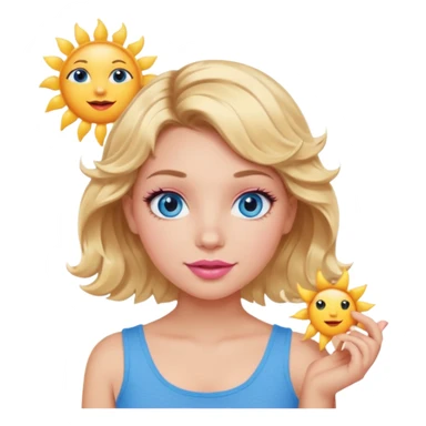 Girl Blonde short wavy hair,  blue eyes, cute blue top, long lashes, pink lips, holding the one sun   sticker