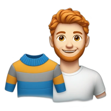 Un jeune homme roux habillée avec un pull bleu et un col blanc sticker