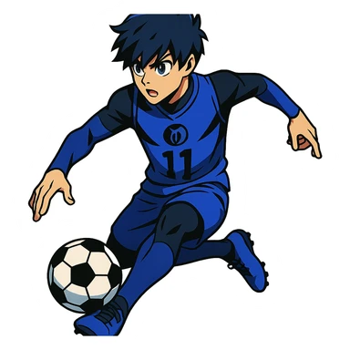anime soccer player inspired by Blue Lock, dynamic pose, blue and black uniform sticker