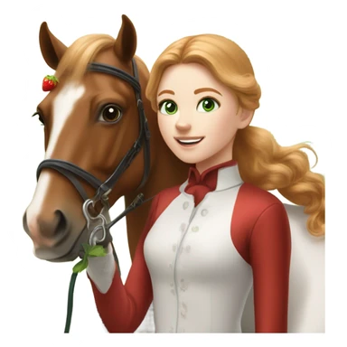 Extremely attractive and feminine white teen girl with green eyes and medium length strawberry blonde hair wearing traditional English riding gear giving a treat to a brown and white paint horse sticker