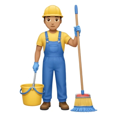 Custodian with yellow rubber gloves, blue overalls mopping floor sticker