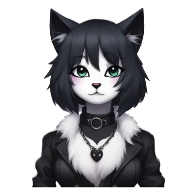Gorgeous furry gothic dark techwear anime style anthro black cat furry sona with blushing face aesthetic and pretty edgy black with collar and harness trending style sticker