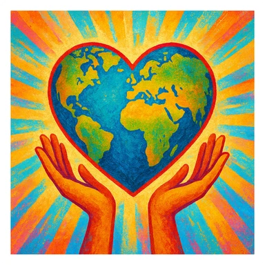 a stylized heart with continents, being held up by hands, optimistic mood, colorful and uplifting sticker