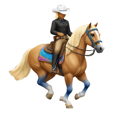 A palomino horse with a white blaze over its left eye , blue leg guards, and a western saddle with a colorful pad, ridden by a rider in a black blouse, white hat and beige chaps, making sliding stops with lots of sand.  sticker