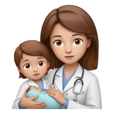 Show a nurse in a white coat, attending to a baby, with a light expression and soft detail typical of modern emojis. The scene should have a clean look, with subtle shadows and soft contours, brown hair, maintaining the 3D cartoon style used in iOS emojis.  sticker