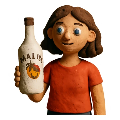 matte plasticine claymation style young woman holding a bottle of Malibu sticker