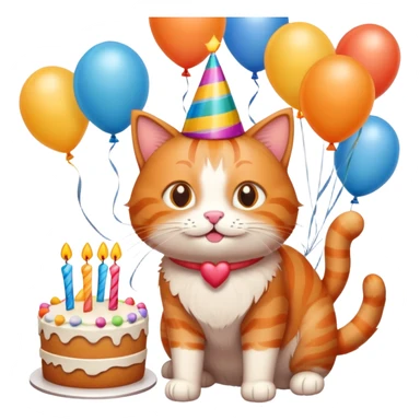 Ginger cat celebrates birthday, birthday hat, birthday cake, balloons, happy sticker