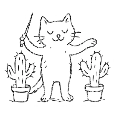 cat orchestrating with two cactae hand drawn outlined icon sticker