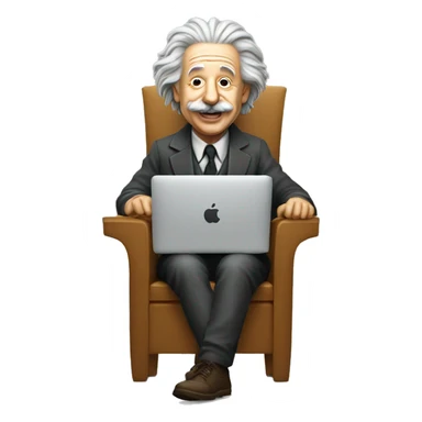 albert einstein happy sitting in the chair with apple macbook sticker