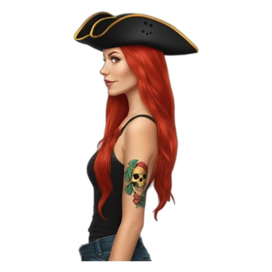 Woman long red hair on one side, tattoo on side of head.  pirate hat. skull and crossbones t shirt sticker