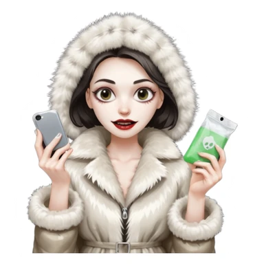 she is wearing a fur coat and has a transparent tiny, small  plastic bag full of white powder, and her phone in the other hand, she has lost so much weight, she looks evil , she has an evil grin sticker