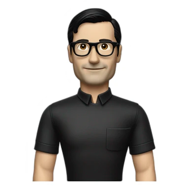 small photo realistic right arm waving Ralf Hutter from Kraftwerk, short straight black hair, Dark Brown eyes, black glasses, thin, black shirt, left side view sticker