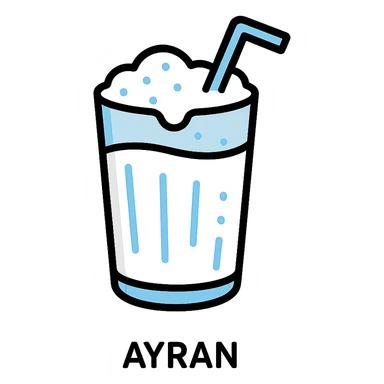 highly detailed icon of Ayran, transparent glass with visible texture, white foamy drink, blue accents, straw, reflections and depth, color outline style sticker